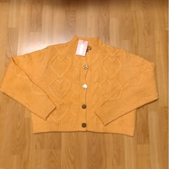 Missguided Cardigan Sweater Womens Size 6/8 Cable Knit Heart Yellow Orange - Picture 2 of 7